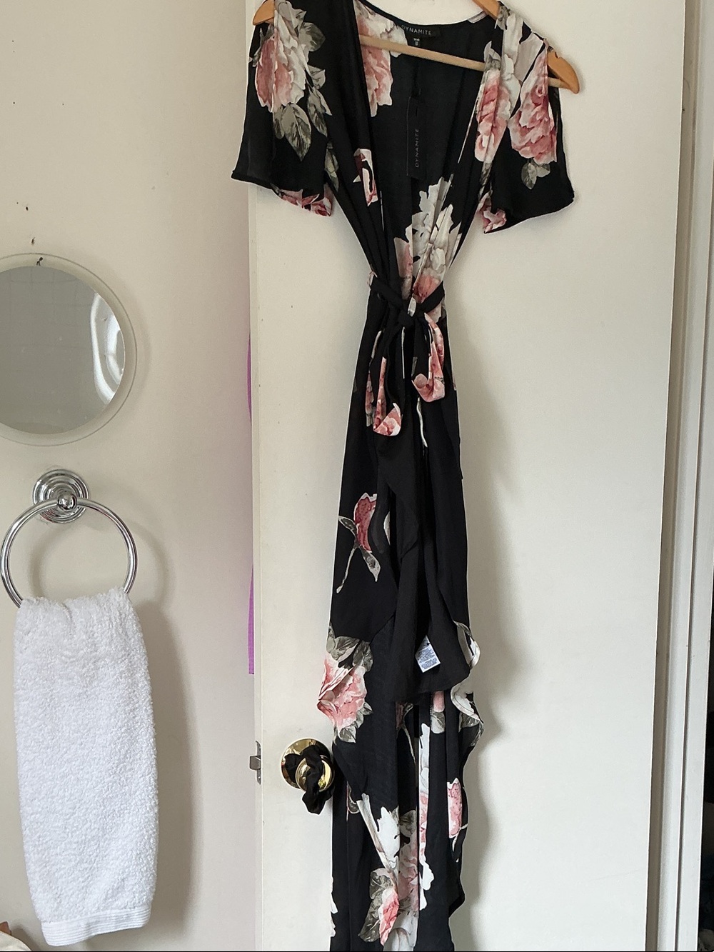 DINAMITE Floral Robe Wrap Maxi Dress - Black with Pink Roses